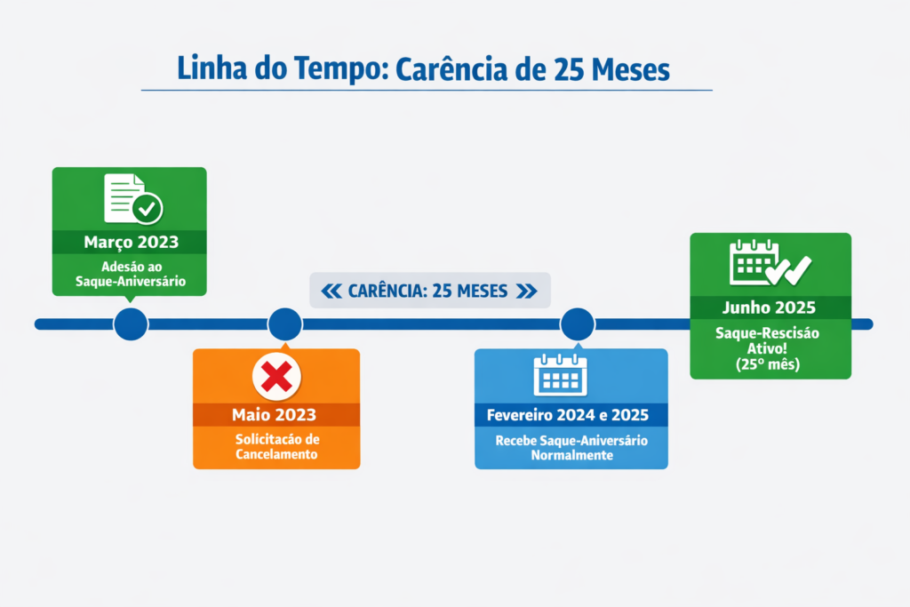 Linha do tempo mostrando período de carência de 25 meses entre cancelamento do saque aniversário e retorno ao saque rescisão do FGTS