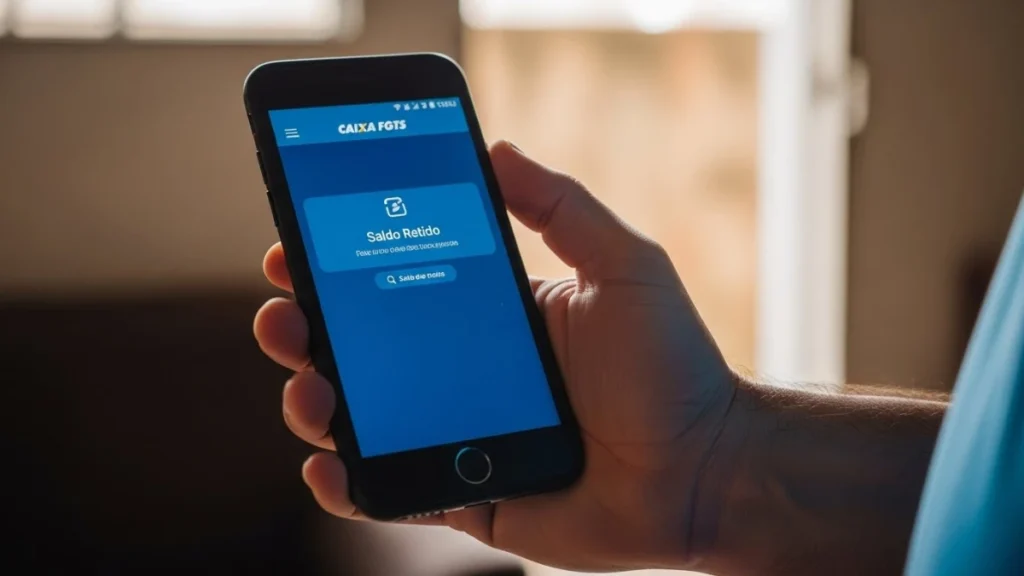 Celular com aplicativo FGTS da Caixa aberto, mostrando saldo retido