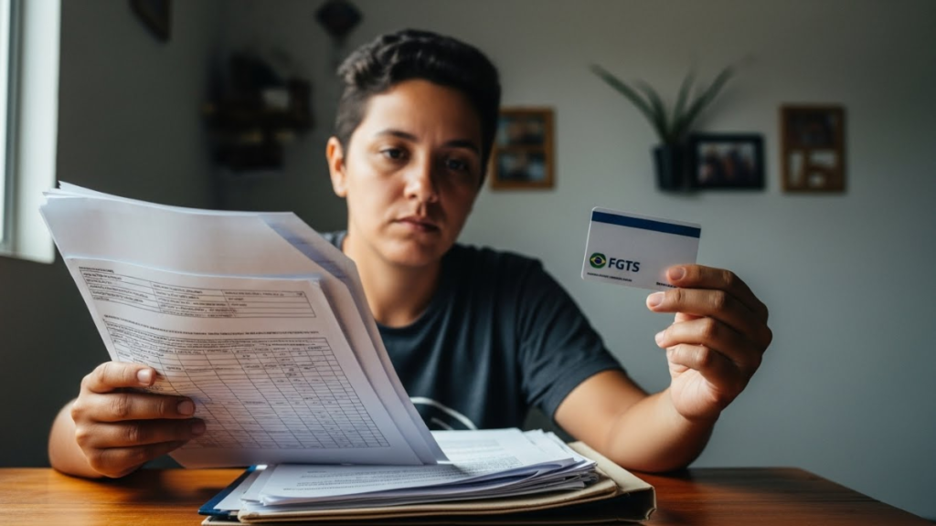 Trabalhador brasileiro verificando saldo do FGTS no celular em casa