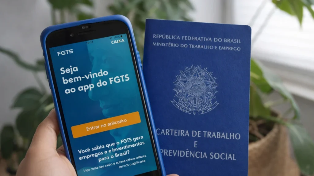 Trabalhador preocupado consultando aplicativo FGTS no celular após cancelei o saque-aniversário e verificar prazo de carência