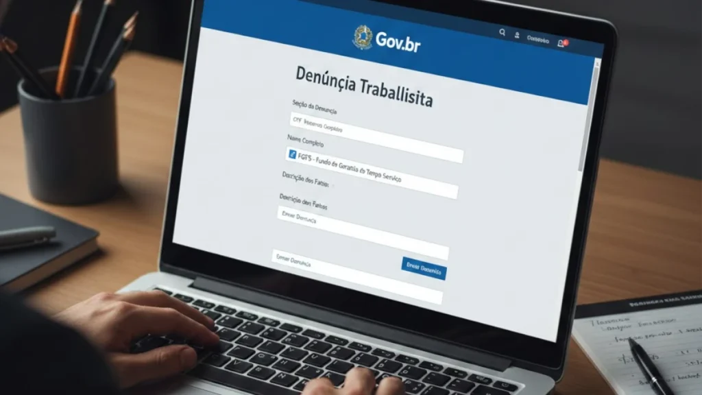 Tela de computador mostrando site Gov.br para fazer denúncia trabalhista anônima sobre FGTS não depositado