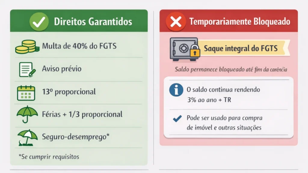 Infográfico mostrando direitos do trabalhador demitido durante período de carência após cancelar saque aniversário do FGTS