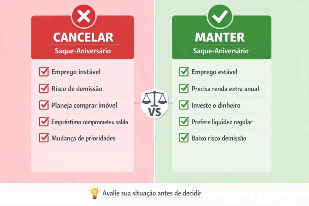 Checklist com motivos para cancelar ou manter o saque aniversário do FGTS baseado na situação do trabalhador