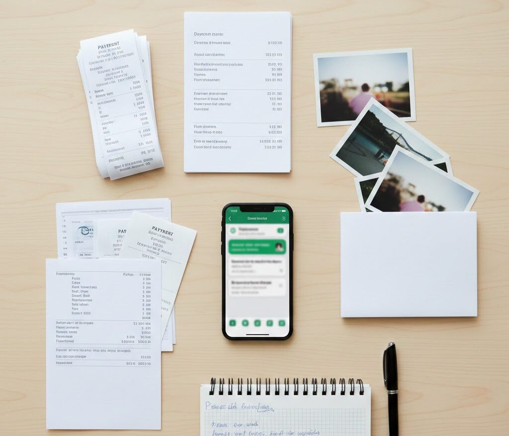 Mesa com documentos, celular com WhatsApp e comprovantes para provar vínculo empregatício sem carteira assinada