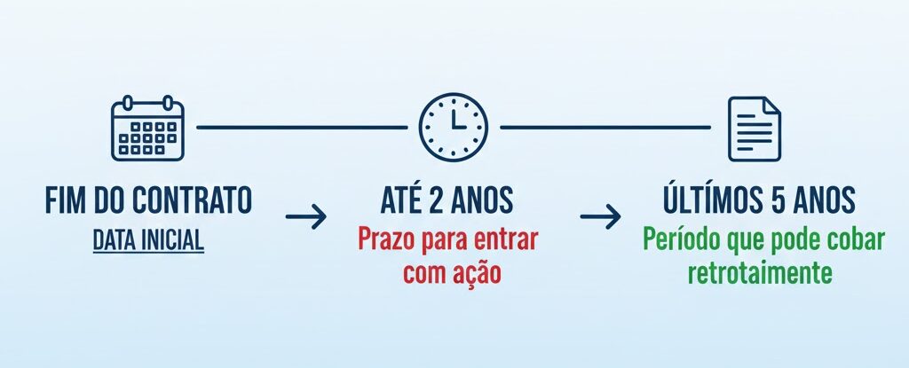 Infográfico explicativo sobre prazo de 2 anos para entrar com ação trabalhista e 5 anos de direitos retroativos
