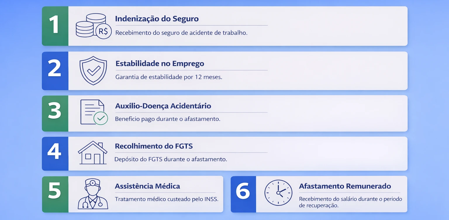 Infográfico com 6 direitos do trabalhador após acidente indo para o trabalho