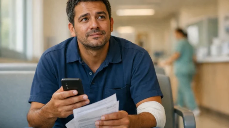 Trabalhador preocupado após acidente indo para o trabalho consultando direitos no celular