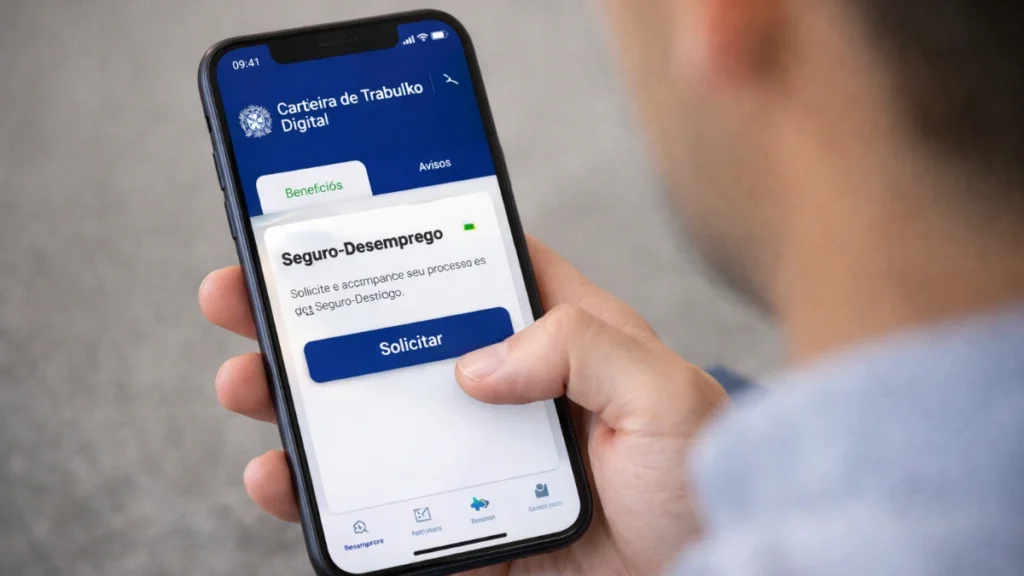 Tela do aplicativo Carteira de Trabalho Digital mostrando opção para solicitar seguro-desemprego