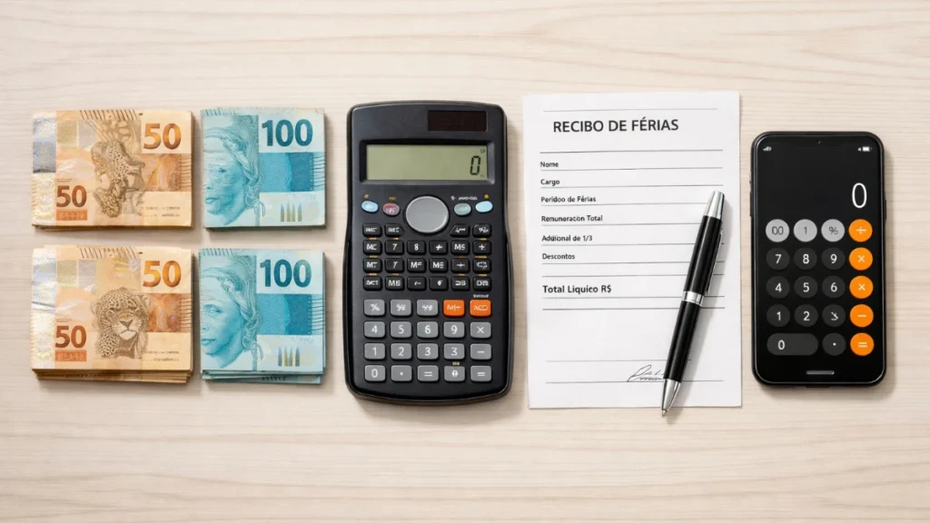 Calculadora e dinheiro brasileiro mostrando cálculo de venda de férias e abono pecuniário