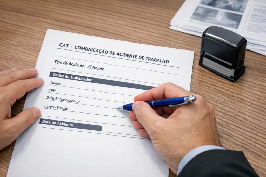 Formulário CAT Comunicação de Acidente de Trabalho preenchido para acidente de trajeto
