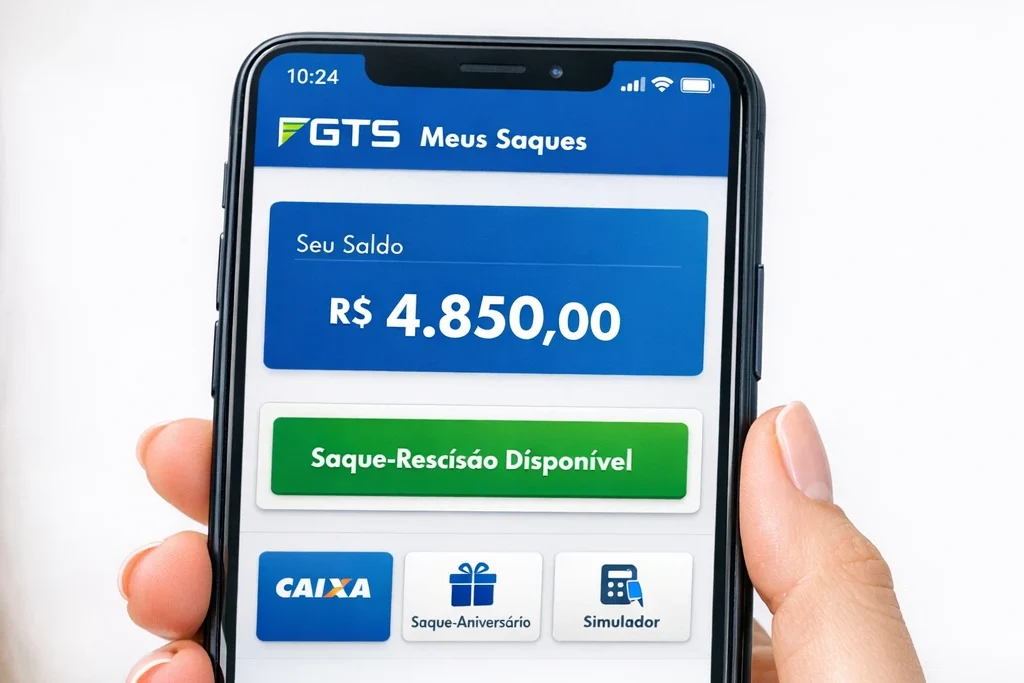 Tela do aplicativo FGTS mostrando extrato e opção de saque-rescisão após demissão por acordo