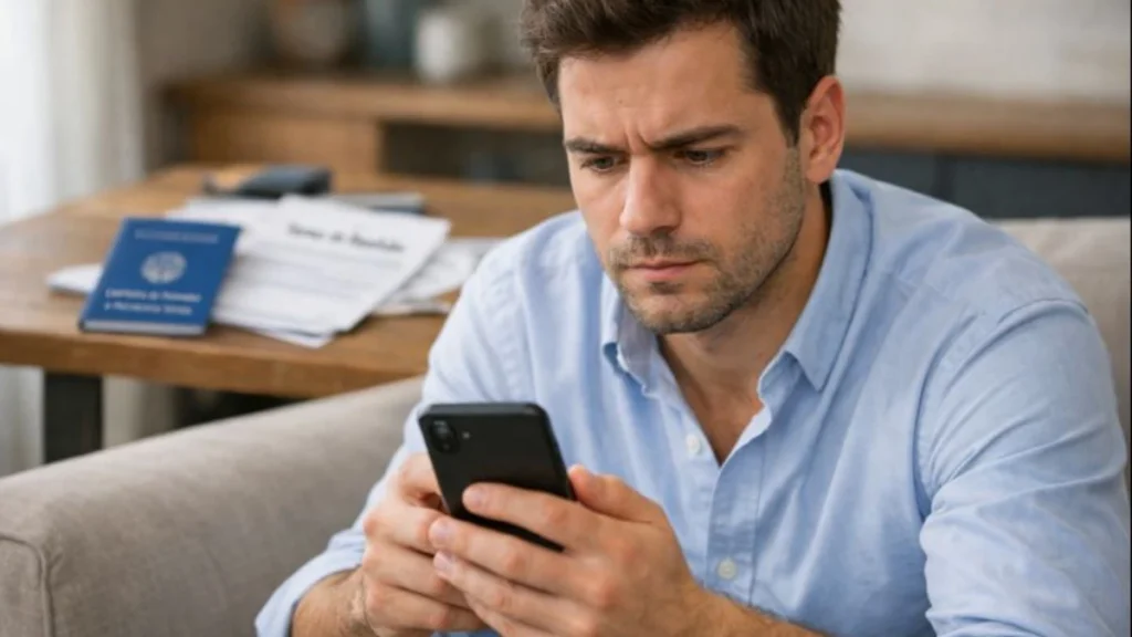 Trabalhador demitido na experiência sem justa causa consultando direitos ao seguro-desemprego no celular
