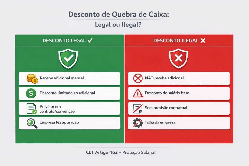 Infográfico comparando quando desconto de quebra de caixa é legal ou ilegal para trabalhadores CLT