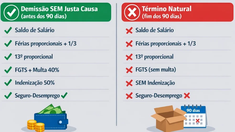 Infográfico mostrando diferença entre demissão sem justa causa durante experiência e término natural do contrato