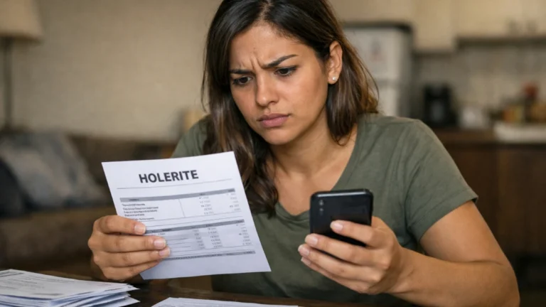 Operador de caixa preocupado verificando holerite com desconto de quebra de caixa no salário