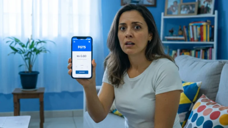 mulher segurando celular e chocada por que o fgts não aparece no extrato