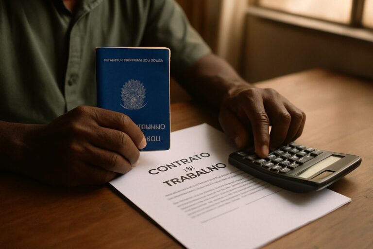 Trabalhador analisando documentos de acordo trabalhista e calculadora sobre mesa de escritório