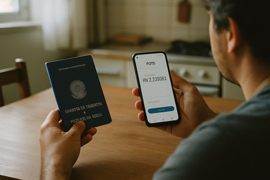 Pessoa segurando carteira de trabalho e celular consultando como sacar fgts desempregado